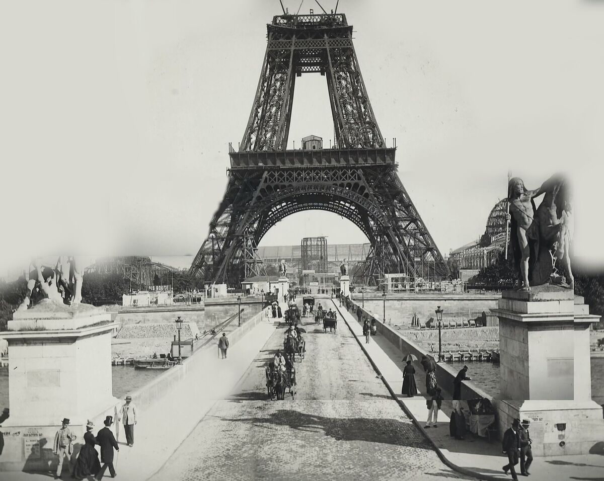 The Eiffel Tower half built in 1888, seen from the Pont d'Iéna