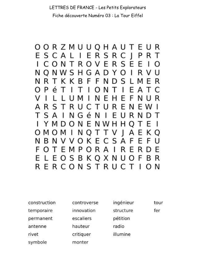 Eiffel Tower word search printable