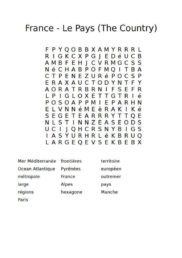 France word search printable