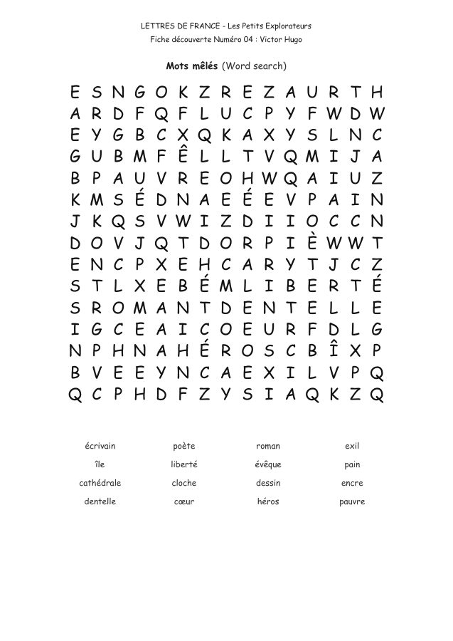 Victor Hugo word search printable